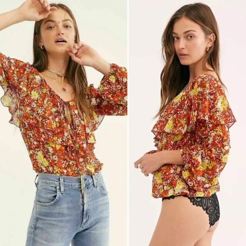 Free People Say It To Me Floral Long Sleeve Boho Bodysuit XS